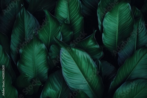 leaves of Spathiphyllum cannifolium  abstract dark green texture  nature background  tropical leaf  Generative AI