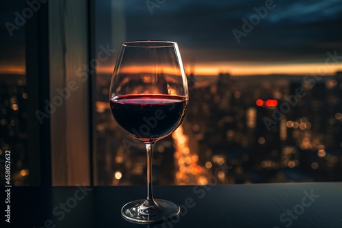 a glass of red wine elegantly poised on a windowsill, the cityscape lights twinkling through the rich, dark liquid