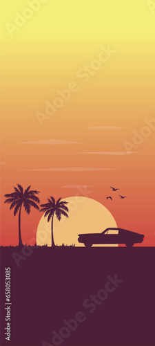 sunset on the beach with trees and classic car silhouette minimalist nature wallpaper for mobile phone © MAAZ