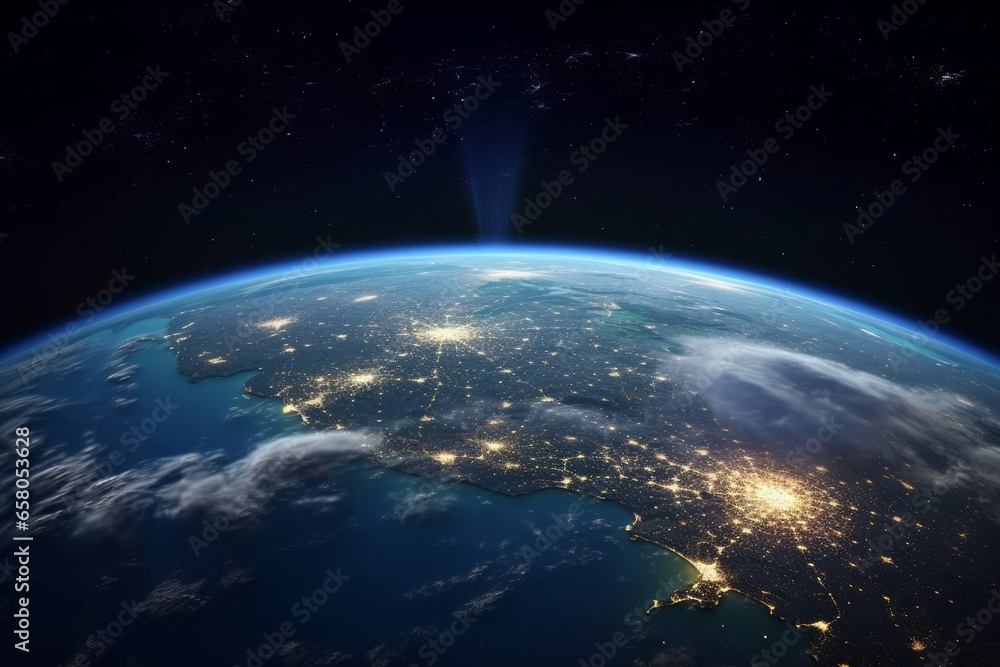 Nightly planet Earth in dark outer space. Civilization. Elements of this image furnished by NASA, Generative AI