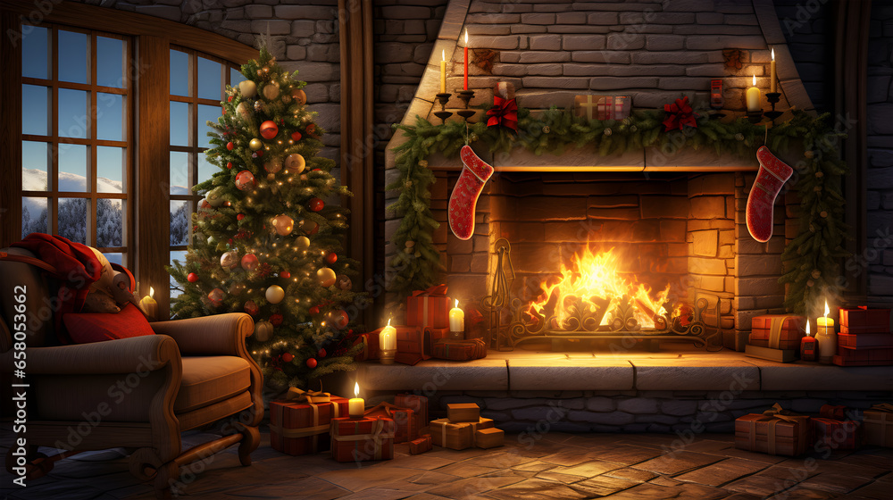 Cozy Christmas Fireplace. Generative AI Cozy Christmas Fireplace. Generative AI