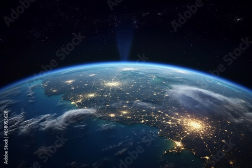 Nightly planet Earth in dark outer space. Civilization. Elements of this image furnished by NASA, Generative AI