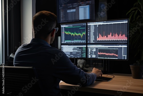 Back view of young businessman sitting at desk in office and looking at computer screen with stock market chart