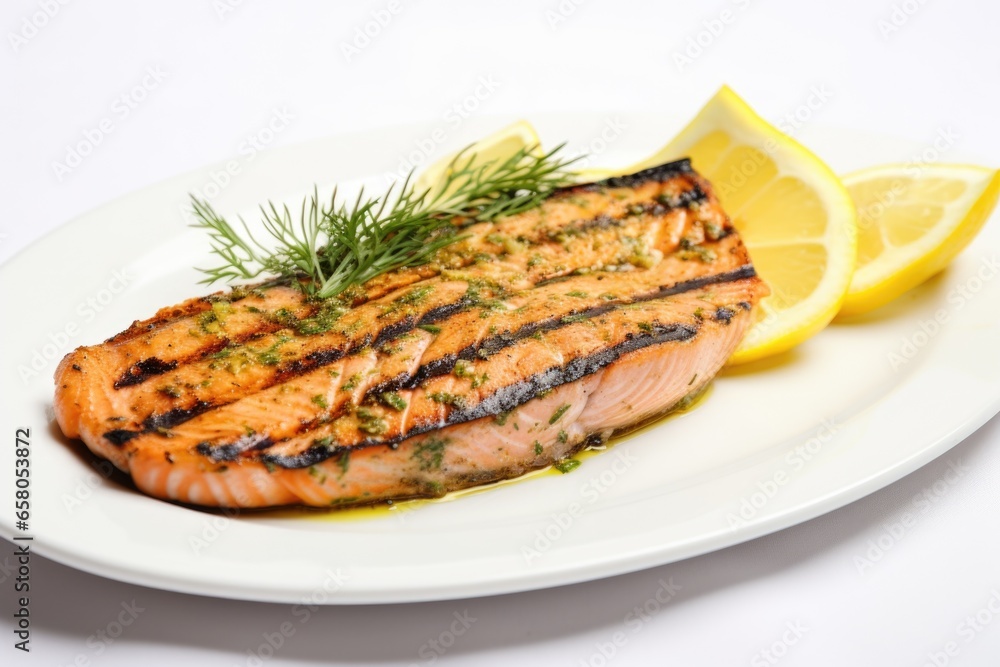 a grilled salmon steak garnished with lemon and herbs on a white plate