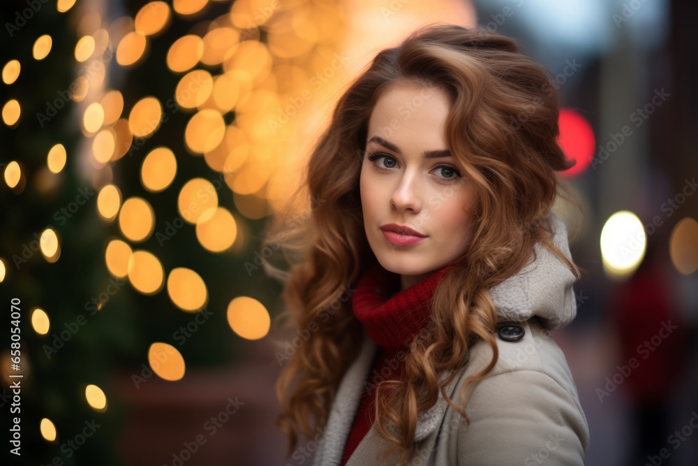 Portrait of a beautiful young woman in the city. Christmas and New Year concept.