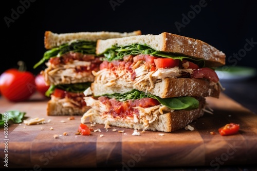 multi-grain sandwich filled with chicken, pressed under a brick