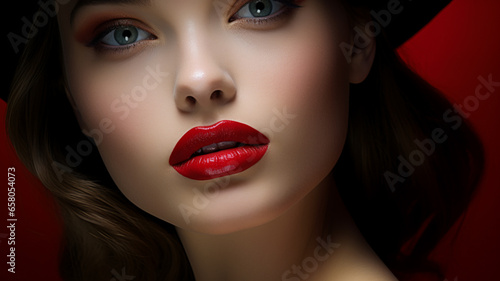 Beautiful young girl with red lips  AI Generative.