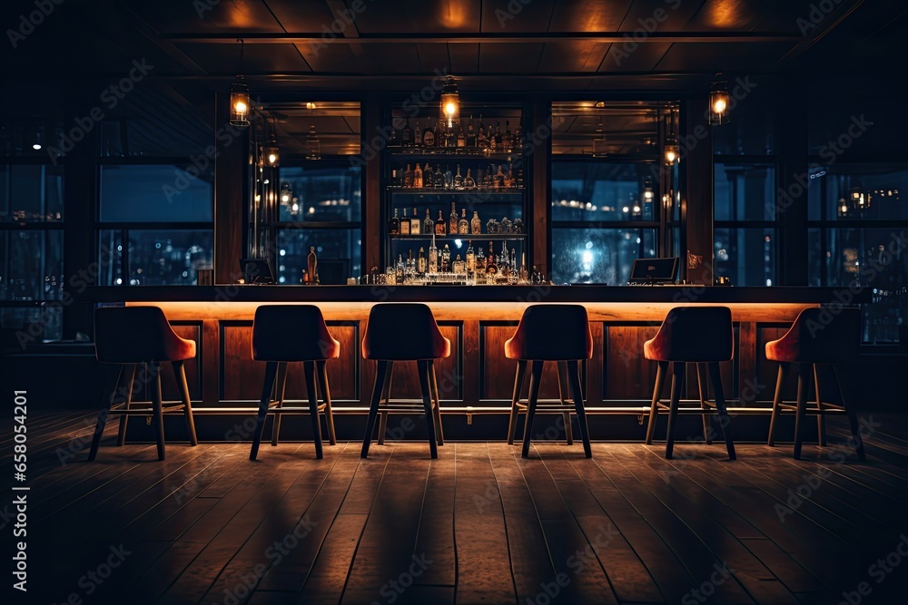 Bar interior with bar chairs and lights at night. Night scene. Bar counter in the dark night background with chairs in empty comfortable luxury restaurant, AI Generated - obrazy, fototapety, plakaty 