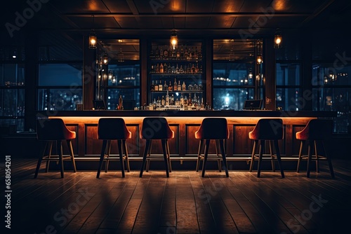 Bar interior with bar chairs and lights at night. Night scene. Bar counter in the dark night background with chairs in empty comfortable luxury restaurant, AI Generated