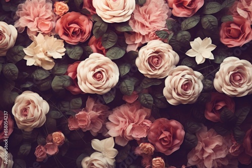 Artificial Flowers Wall for Background in vintage style  Generative AI