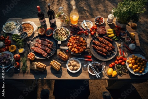 Top view of delicious grilled sausages and vegetables on wooden table, Barbeque cooking outdoor leisure party, top view, AI Generated