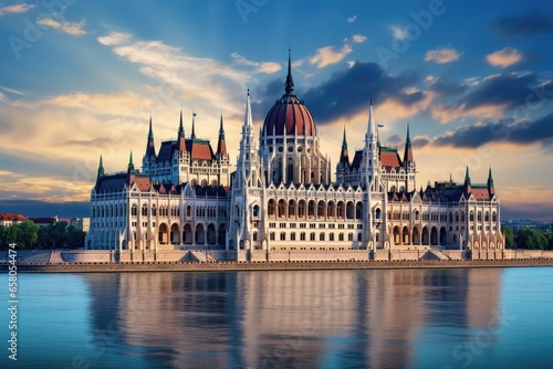 Hungarian Parliament building in Budapest, Hungary at sunset. Travel background. Beautiful building of Parliament in Budapest, popular travel destination, AI Generated