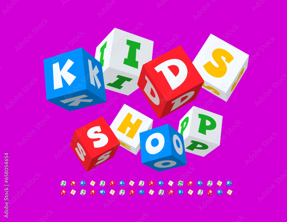 Vector playful signboard Kids Shop with 3D cube Font. Bright Creative Alphabet Letters and Numbers set Vector playful signboard Kids Shop with 3D cube Font. Bright Creative Alphabet Letters and Numbers set