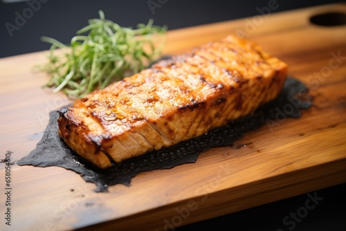 grilled tofu steak resting on a wooden board
