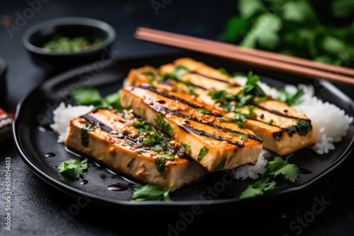 grilled tofu steak sprinkled with cilantro and black sesame seeds