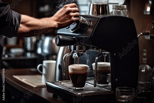 Barista preparing coffee in coffee machine. Barista making coffee in coffee shop