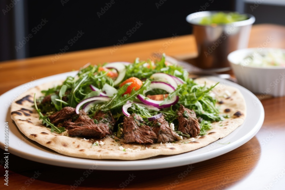 gyro placed in a flatbread with fresh salad on the side