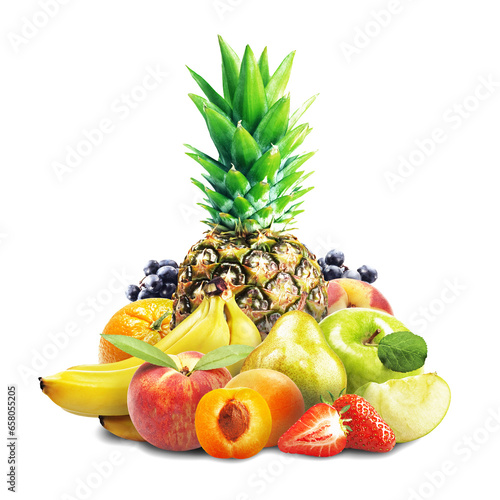 variedad de frutas piña manzana platano pera fresa durazno