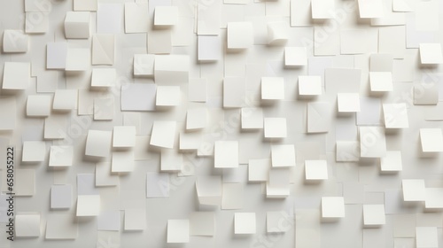 Sticky note on wall white background. A white wall with a sticky note pattern, consisting of various sizes of white squares and rectangles protruding from the wall. The squares and rectangles are