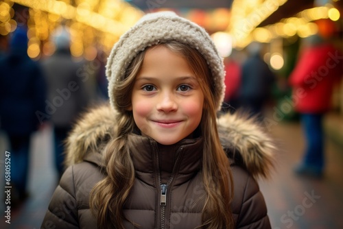 Adorable little girl at Christmas market in Munich, Germany. Happy child in winter clothes. © Nerea