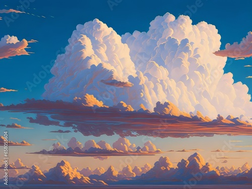 Un paisaje sereno de nubes blancas y esponjosas flotando en un cielo azul claro, con toques de rosa y naranja del sol poniente photo