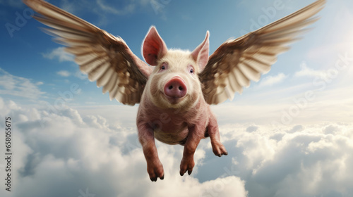 Pig with wings flying in blue sky. Idiom concept for unlikely event.