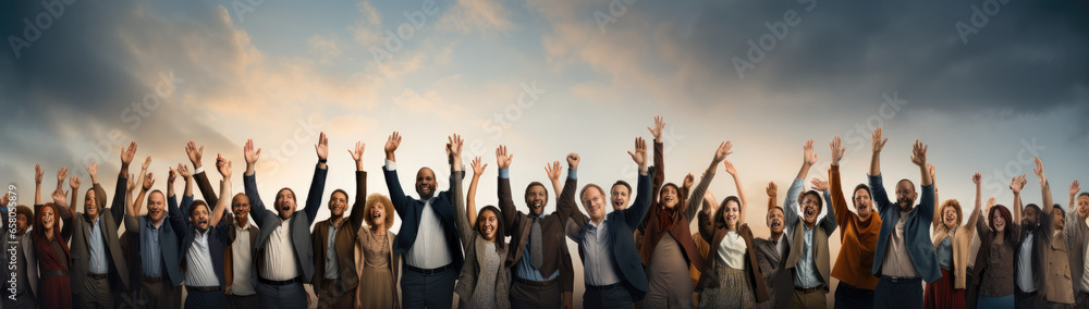 Large group of people celebrating with arms up on white background.