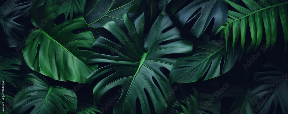 closeup tropical green leaf background. Flat lay, fresh wallpaper banner concept, Generative AI closeup tropical green leaf background. Flat lay, fresh wallpaper banner concept, Generative AI
