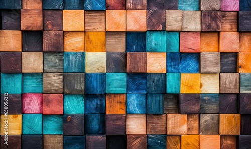 Wood aged art architecture texture abstract block stack on the wall for background, Abstract colorful wood texture for backdrop, Generative AI © Harvinder
