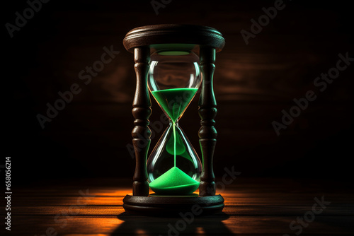 Neon classic wooden hourglass on dark background