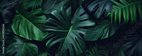 closeup tropical green leaf background. Flat lay, fresh wallpaper banner concept, Generative AI