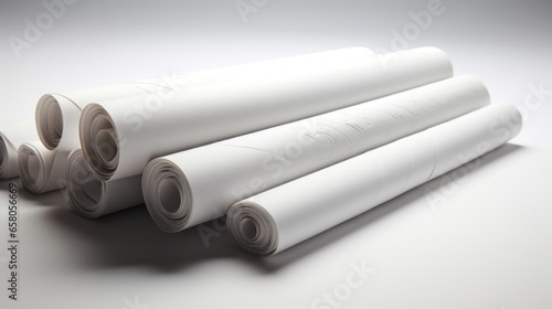 A simple and clean image of a stack of rolled up white papers on a white background. The papers are arranged in a pyramid-like shape with different sizes, creating a sense of order and balance. The photo