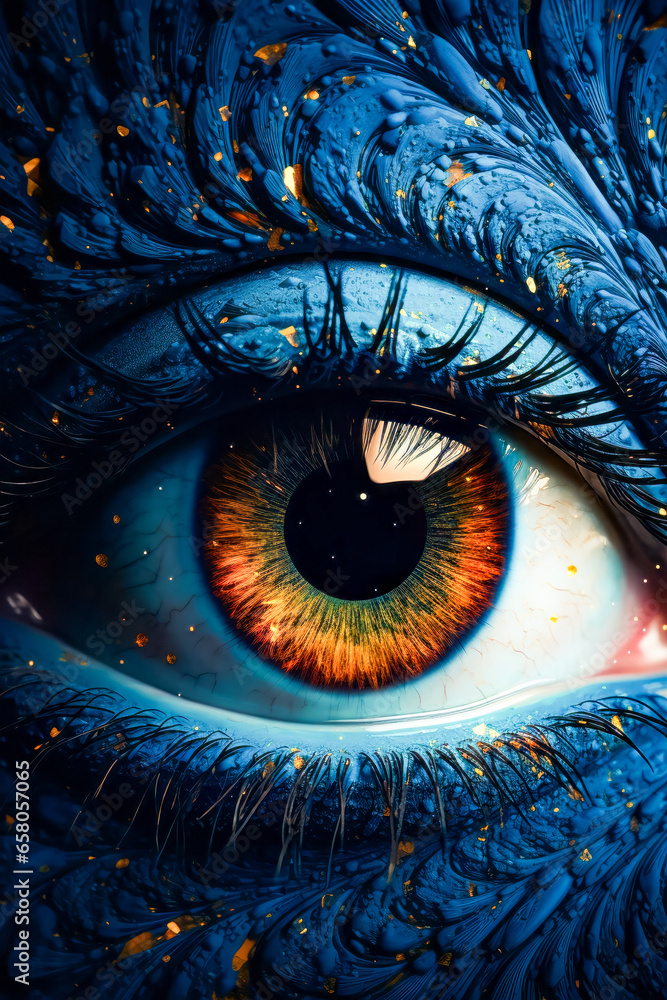 Close up of eye with blue and orange colors.