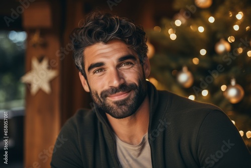 Portrait of a handsome young man with a beard on the background of a Christmas tree.