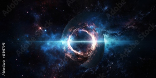 Black hole over star field in outer space, abstract space wallpaper with form of letter O and sparks of light with copy space. Elements of this image furnished by, Generative AI