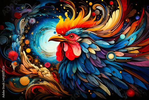Image of rooster with colorful feathers and swirls.
