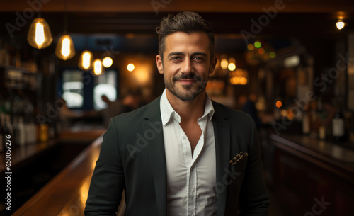 Businessman standing in pub.