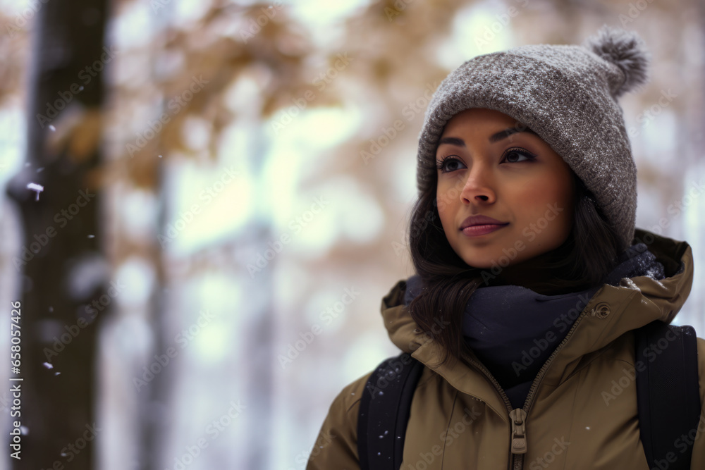 Multiethnic woman enjoying autumn in the woods on a snowy day