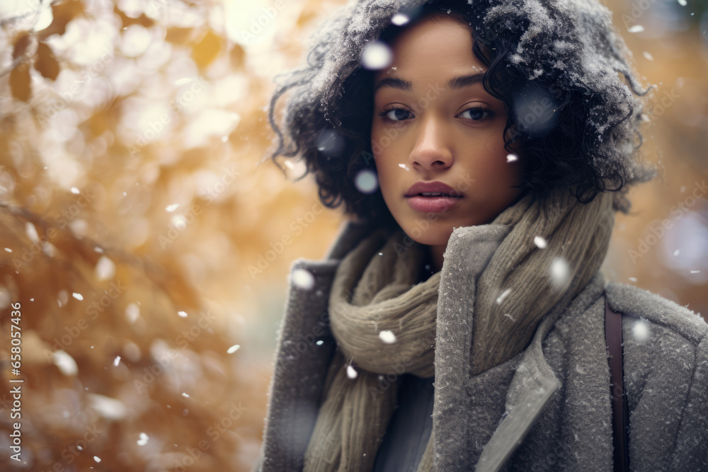 Multiethnic woman enjoying autumn in the woods on a snowy day Multiethnic woman enjoying autumn in the woods on a snowy day