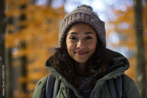 Multiethnic woman enjoying autumn in the woods on a snowy day