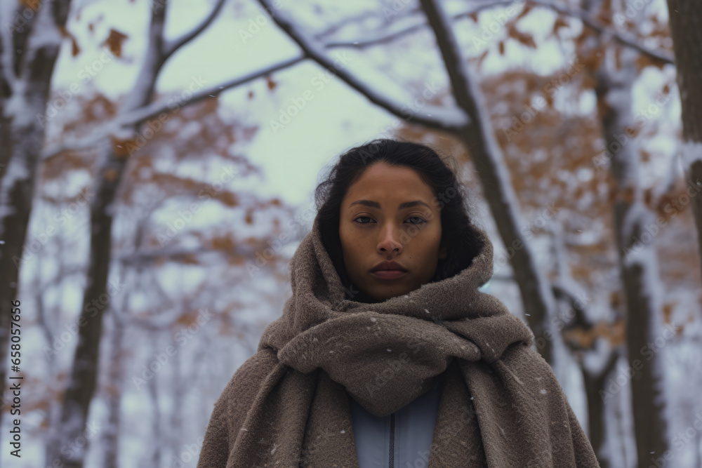Multiethnic woman enjoying autumn in the woods on a snowy day Multiethnic woman enjoying autumn in the woods on a snowy day