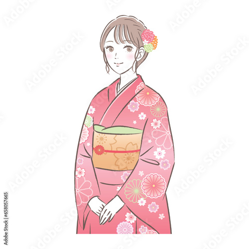 着物・振袖姿の華やかな若い女性のイラスト　成人式/お正月