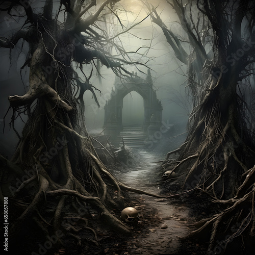 Illustration, Frightening Halloween Woods, created with the help of AI