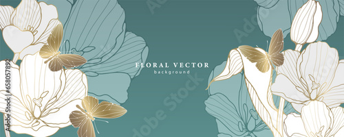 Luxury floral turquoise background with white tulips and golden butterflies. Beautiful background for creating wallpapers, covers, cards, diplomas and presentations