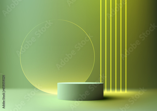 3D realistic modern style empty green color podium stand decoration with transparent glass circle and green neon laser lines background