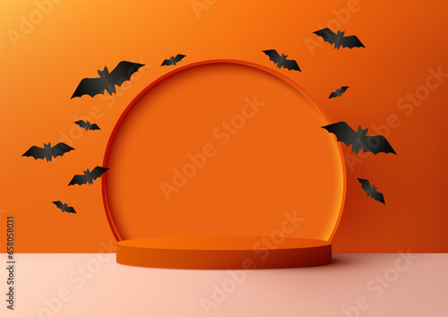 Halloween Orange Product Display Podium with Circle and Black Bat Shape