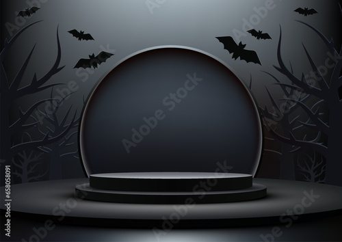 Halloween Theme Product Display 3D Black Podium with Black Dead Tree and Bats