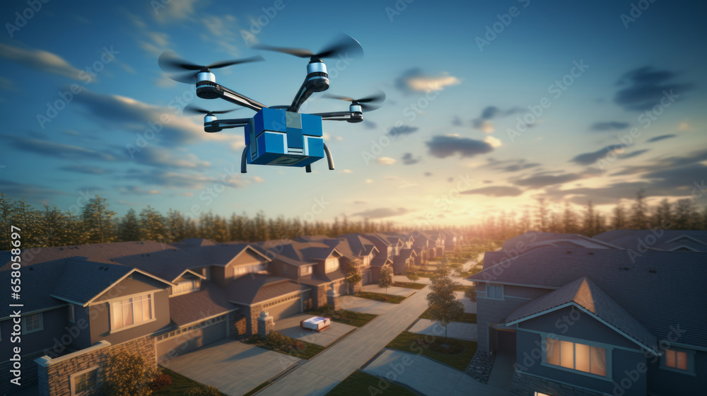 Fulfillment of E-Commerce A package delivery drone flies over a suburban neighborhood, showcasing e-commerce companies' efficient delivery systems.