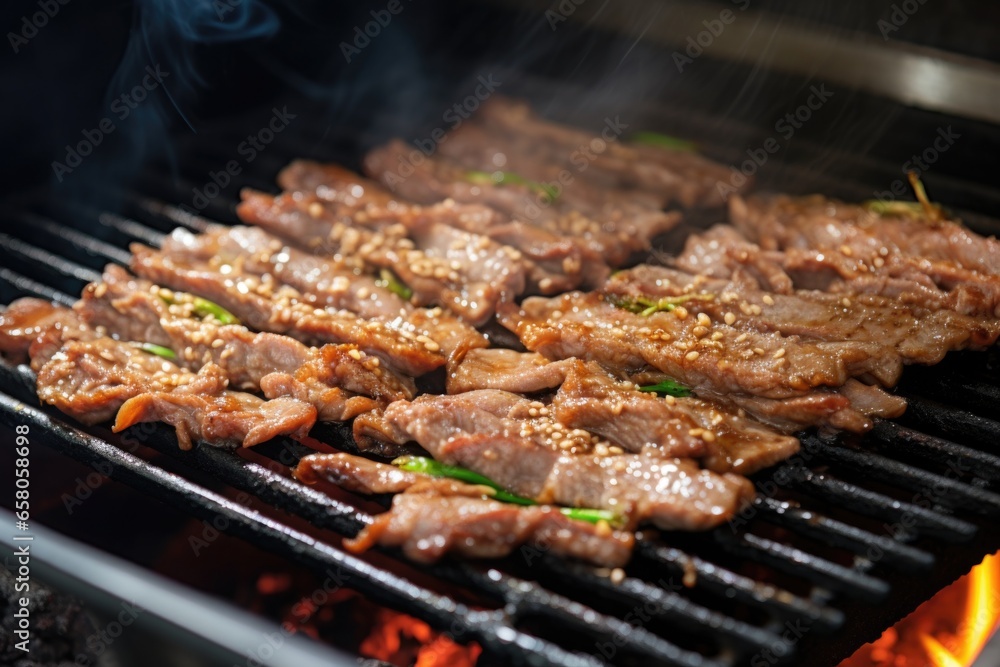 bulgogi beef strips sizzling on hot bbq grill
