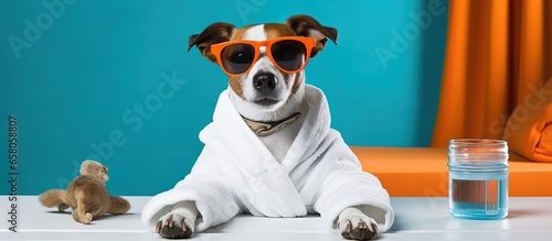 Jack Russell dog lounging at spa wearing robe and sunglasses © AkuAku
